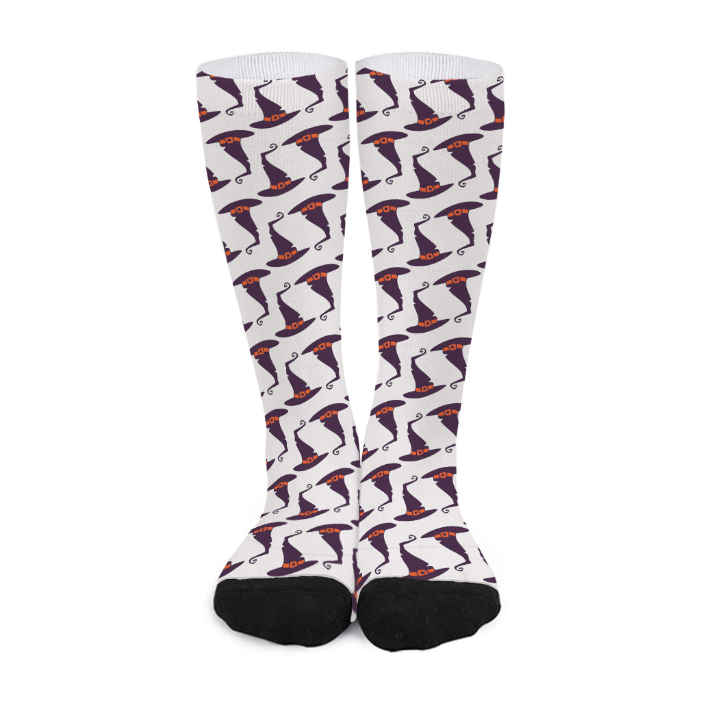 Purple Halloween Witch Hat Pattern Print Long Socks