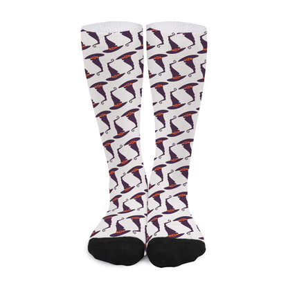 Purple Halloween Witch Hat Pattern Print Long Socks