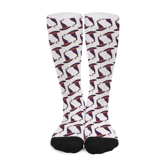 Purple Halloween Witch Hat Pattern Print Long Socks