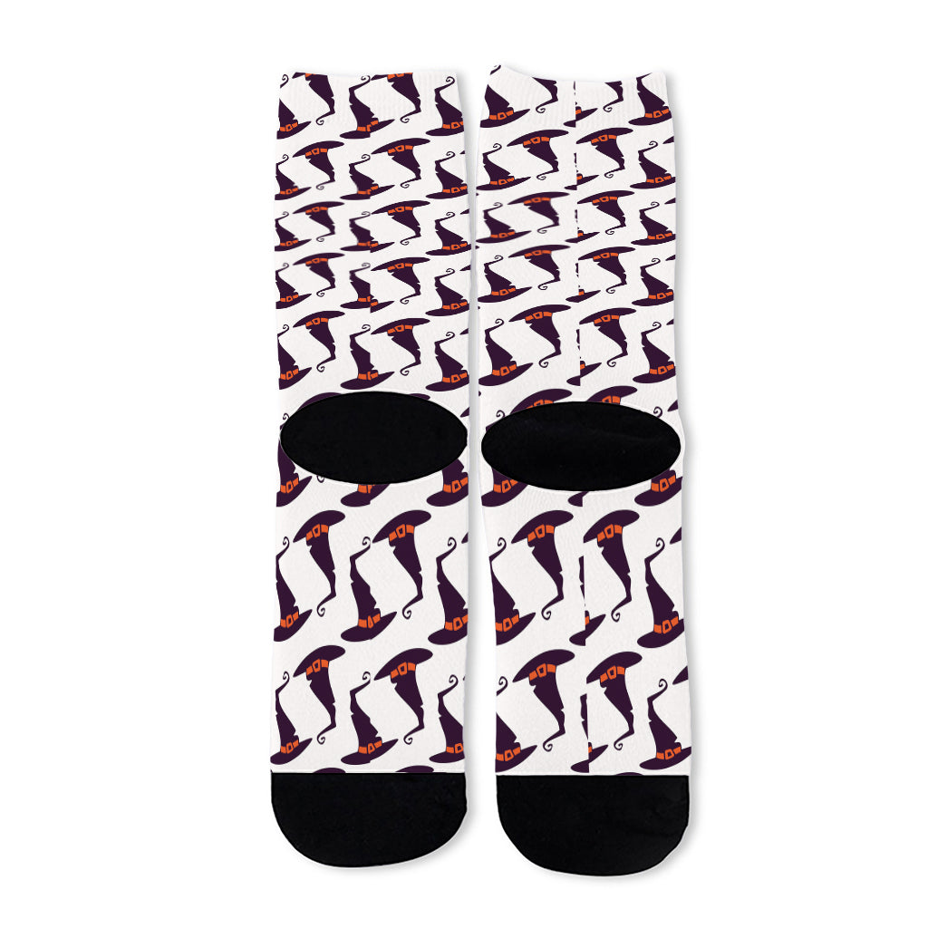 Purple Halloween Witch Hat Pattern Print Long Socks