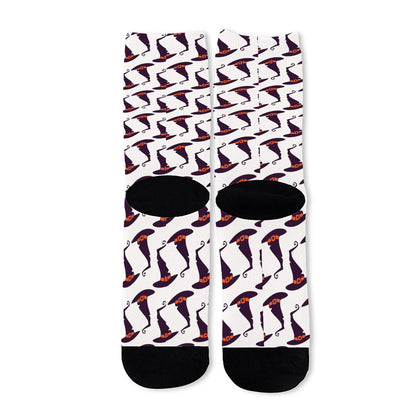 Purple Halloween Witch Hat Pattern Print Long Socks