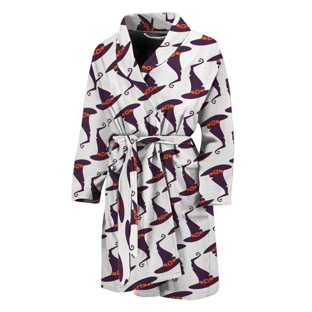 Purple Halloween Witch Hat Pattern Print Men's Bathrobe