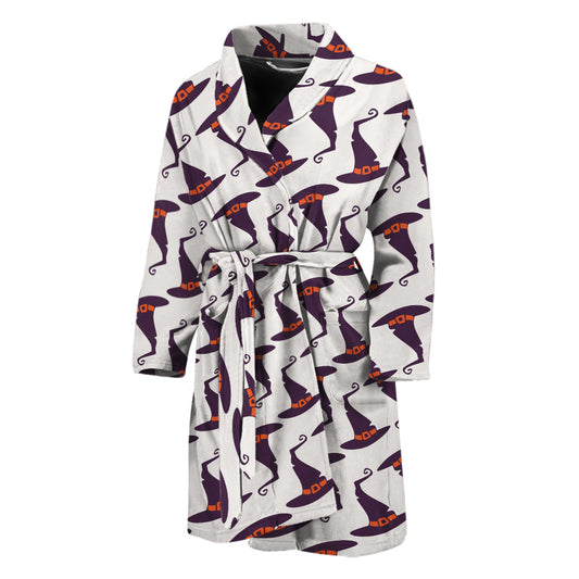Purple Halloween Witch Hat Pattern Print Men's Bathrobe