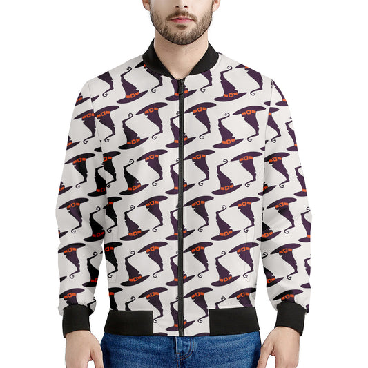 Purple Halloween Witch Hat Pattern Print Men's Bomber Jacket