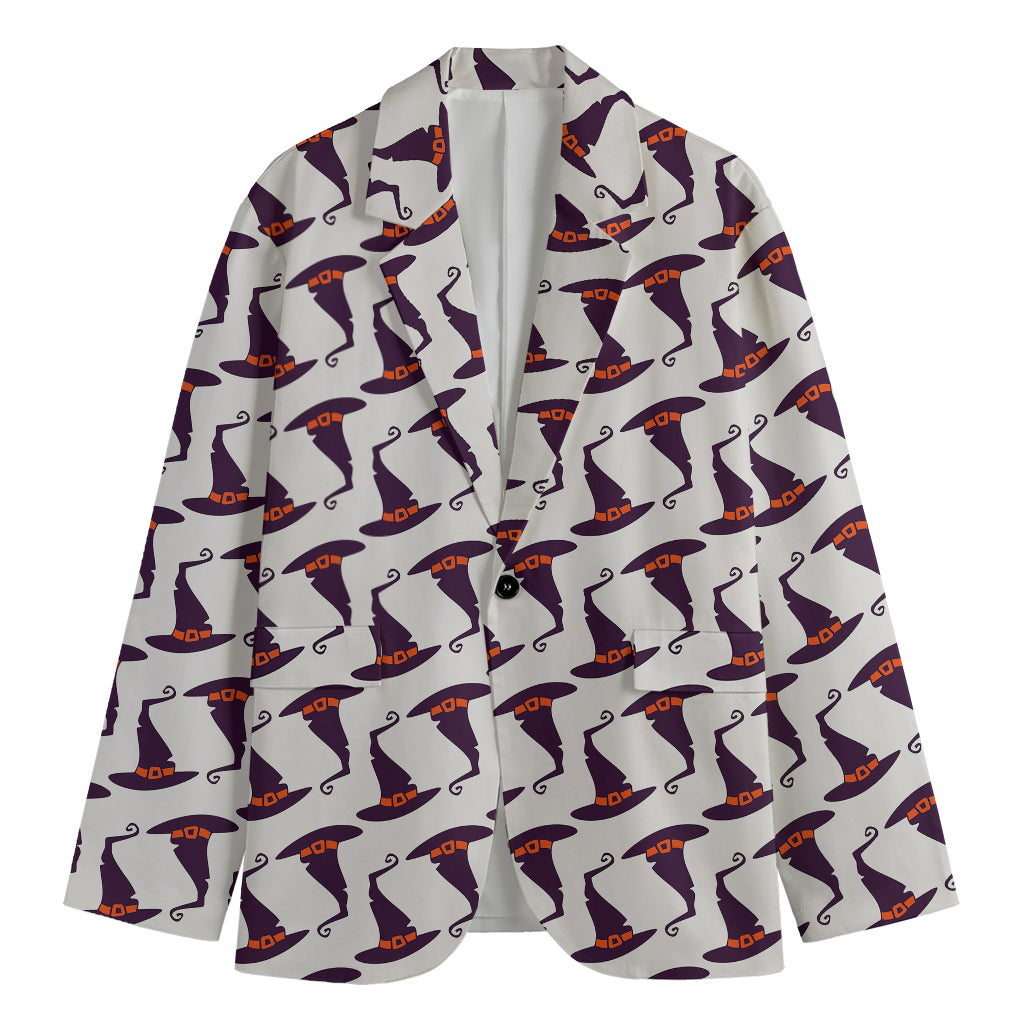 Purple Halloween Witch Hat Pattern Print Men's Cotton Blazer