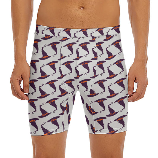 Purple Halloween Witch Hat Pattern Print Men's Long Boxer Briefs