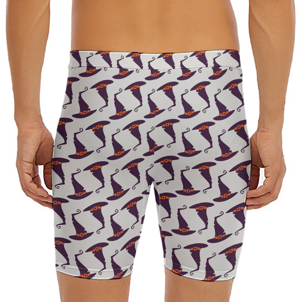 Purple Halloween Witch Hat Pattern Print Men's Long Boxer Briefs
