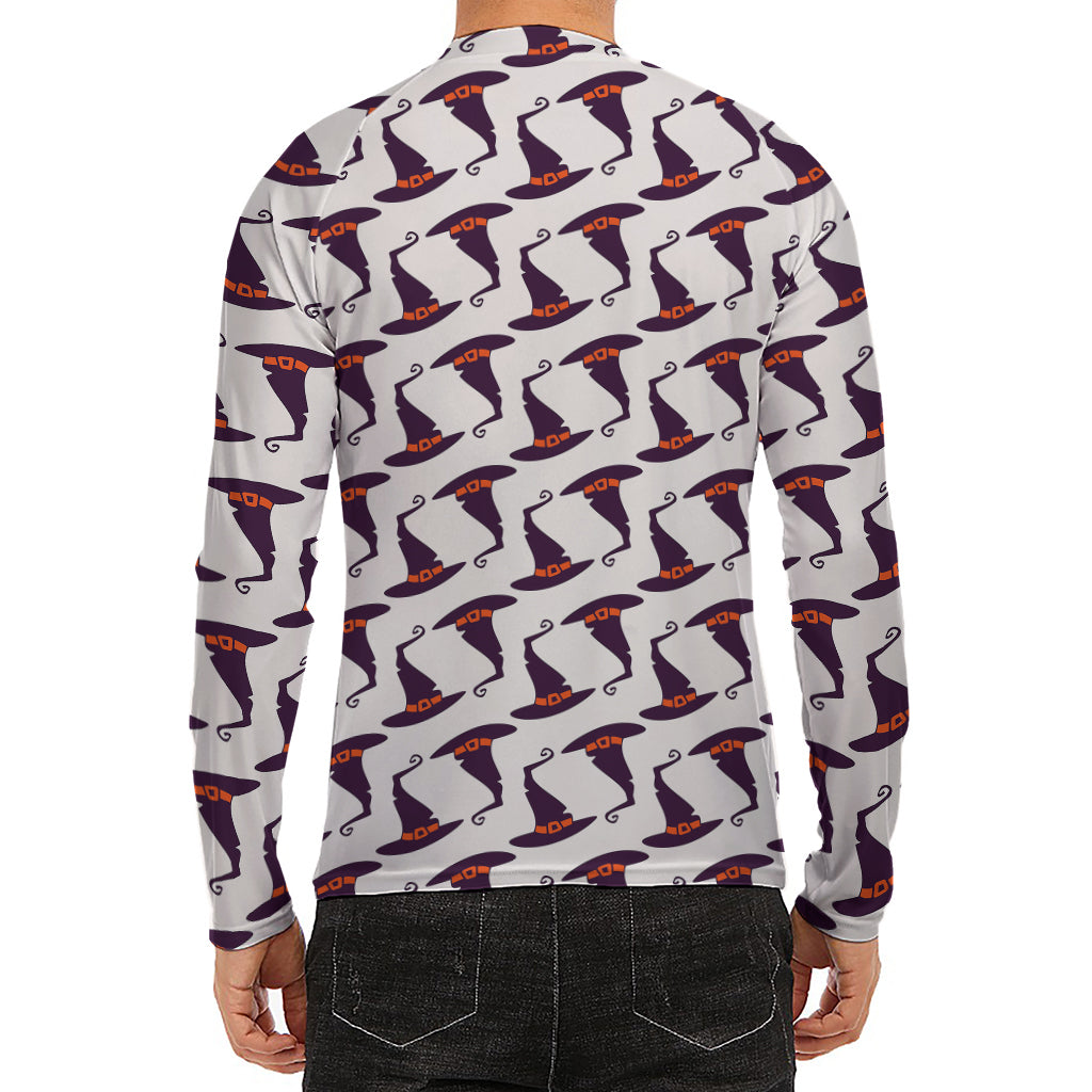 Purple Halloween Witch Hat Pattern Print Men's Long Sleeve Rash Guard