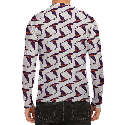 Purple Halloween Witch Hat Pattern Print Men's Long Sleeve Rash Guard