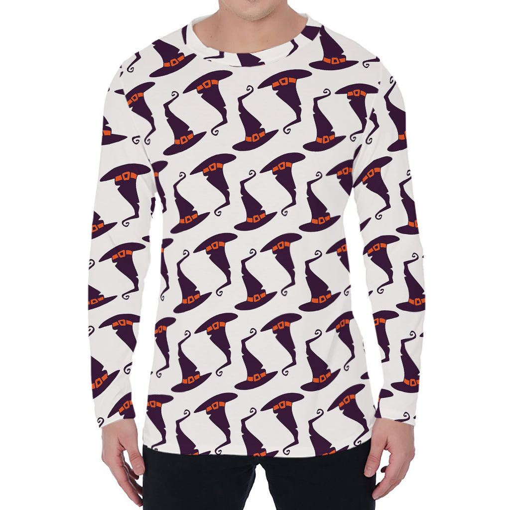 Purple Halloween Witch Hat Pattern Print Men's Long Sleeve T-Shirt