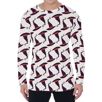 Purple Halloween Witch Hat Pattern Print Men's Long Sleeve T-Shirt