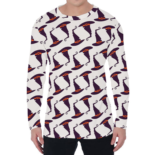 Purple Halloween Witch Hat Pattern Print Men's Long Sleeve T-Shirt