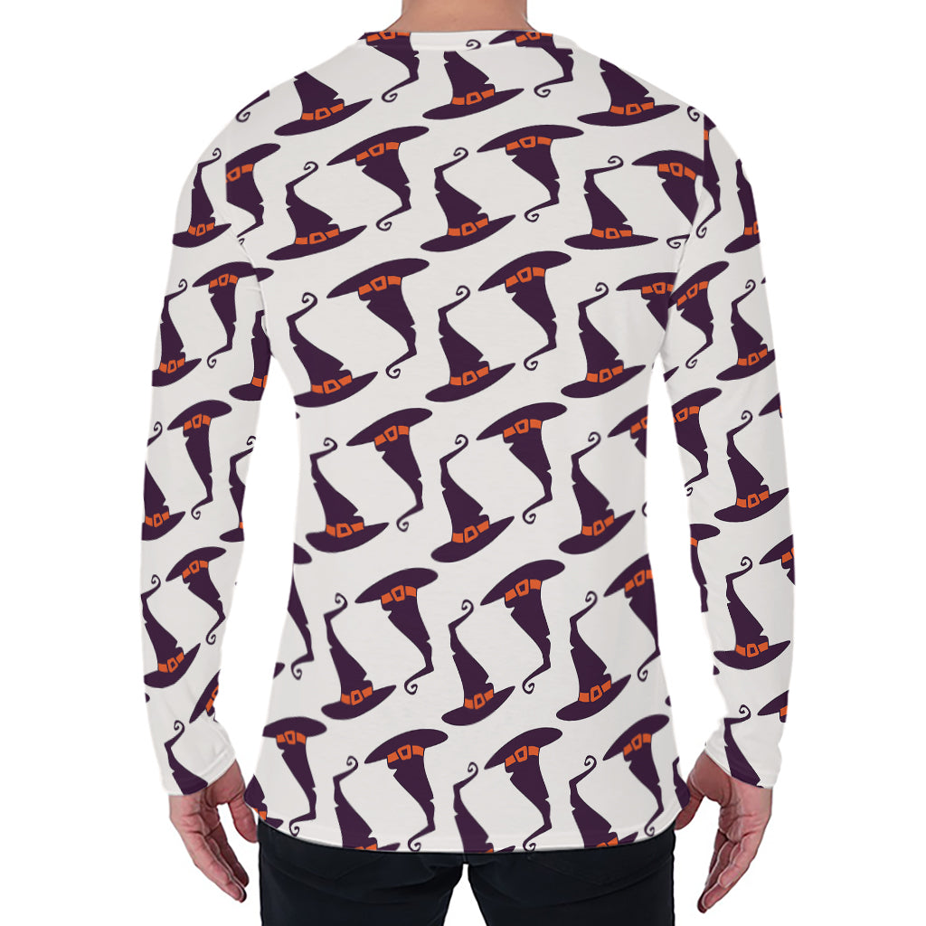 Purple Halloween Witch Hat Pattern Print Men's Long Sleeve T-Shirt