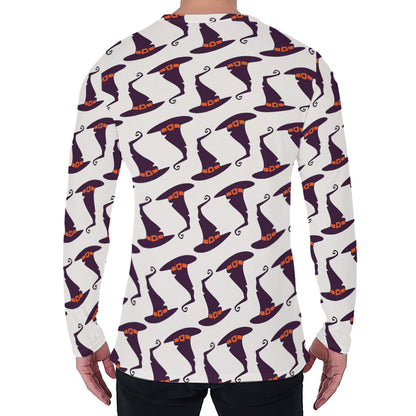 Purple Halloween Witch Hat Pattern Print Men's Long Sleeve T-Shirt