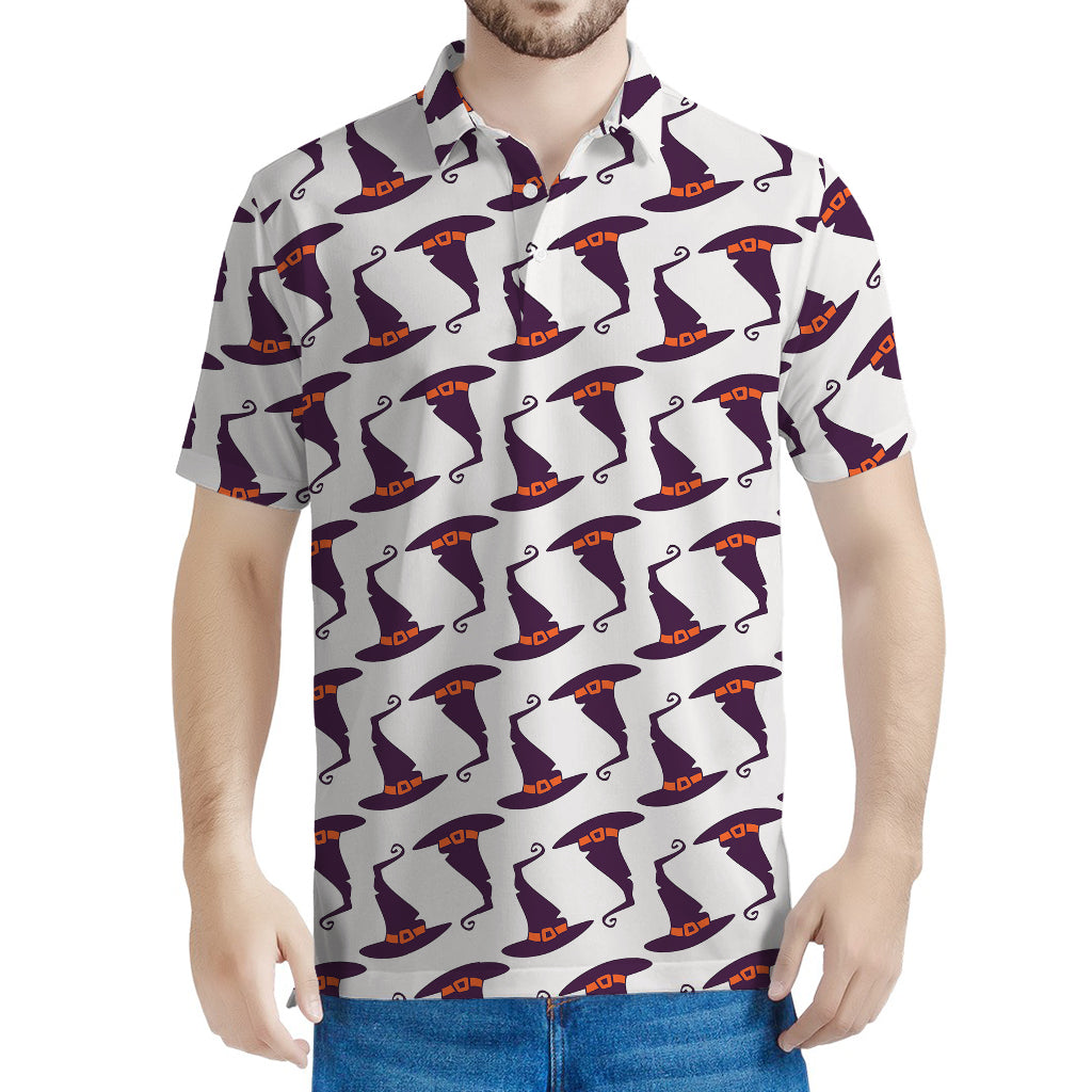 Purple Halloween Witch Hat Pattern Print Men's Polo Shirt