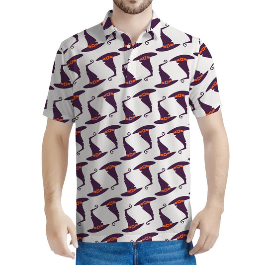Purple Halloween Witch Hat Pattern Print Men's Polo Shirt