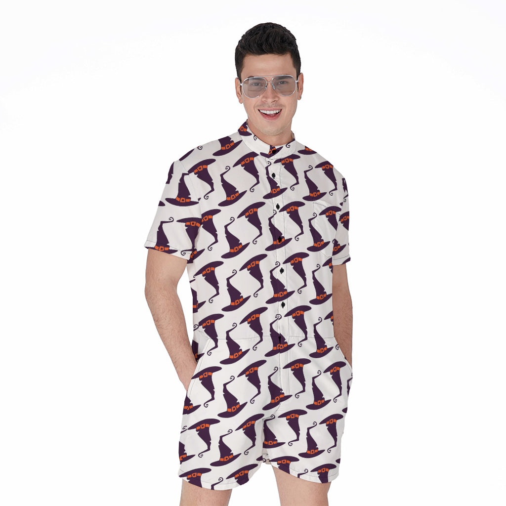 Purple Halloween Witch Hat Pattern Print Men's Rompers