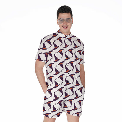 Purple Halloween Witch Hat Pattern Print Men's Rompers
