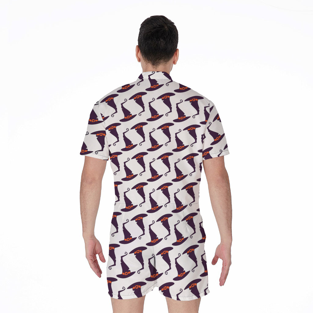 Purple Halloween Witch Hat Pattern Print Men's Rompers
