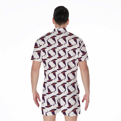 Purple Halloween Witch Hat Pattern Print Men's Rompers