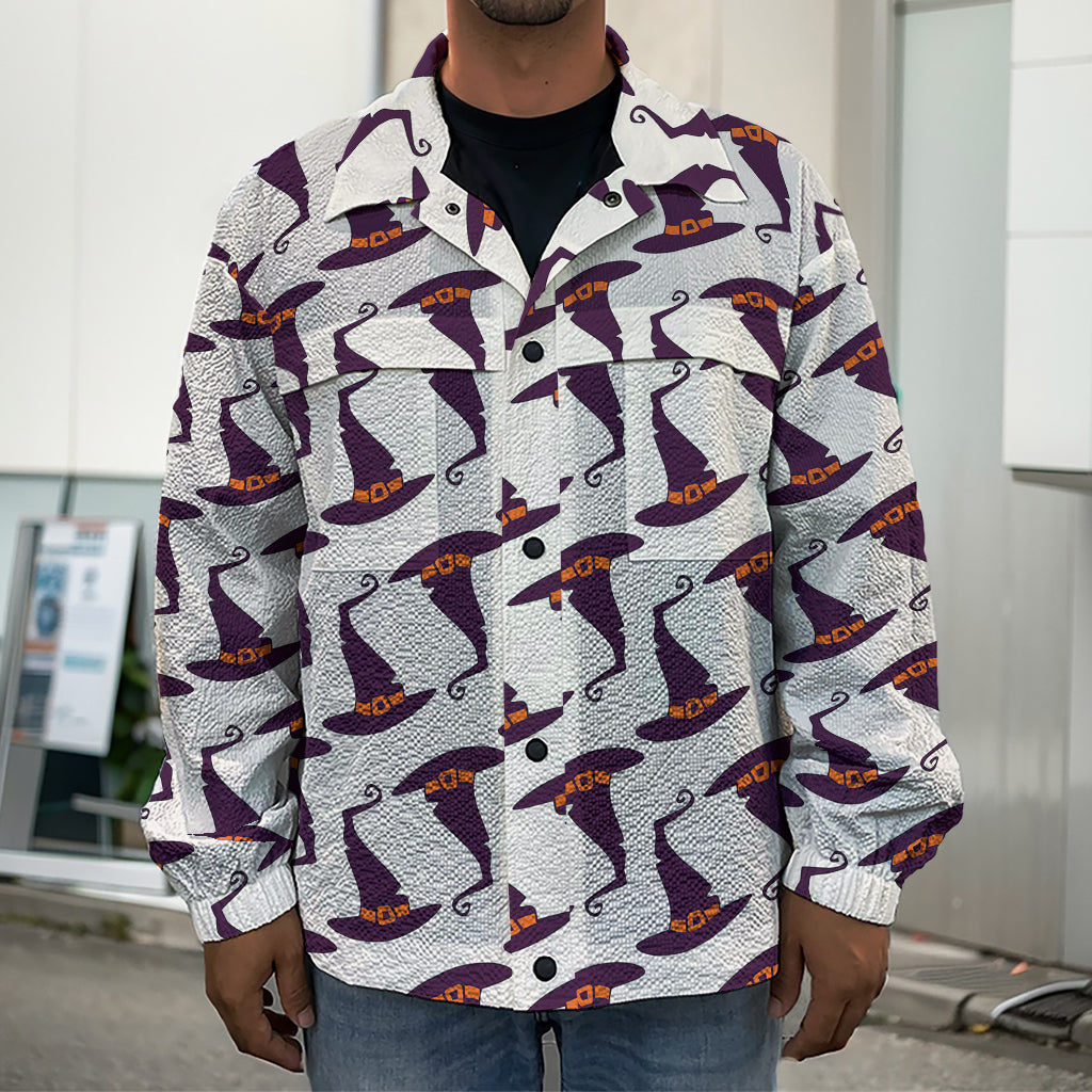 Purple Halloween Witch Hat Pattern Print Men's Shirt Jacket