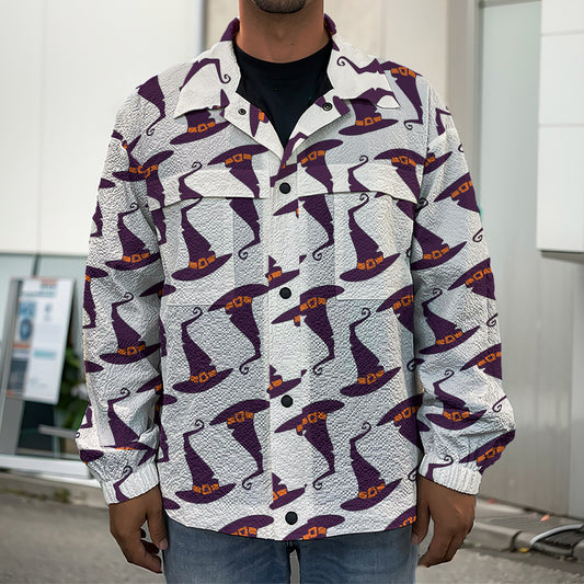Purple Halloween Witch Hat Pattern Print Men's Shirt Jacket