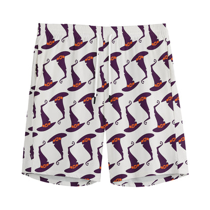 Purple Halloween Witch Hat Pattern Print Men's Sports Shorts