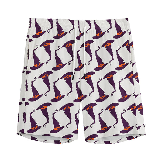 Purple Halloween Witch Hat Pattern Print Men's Sports Shorts