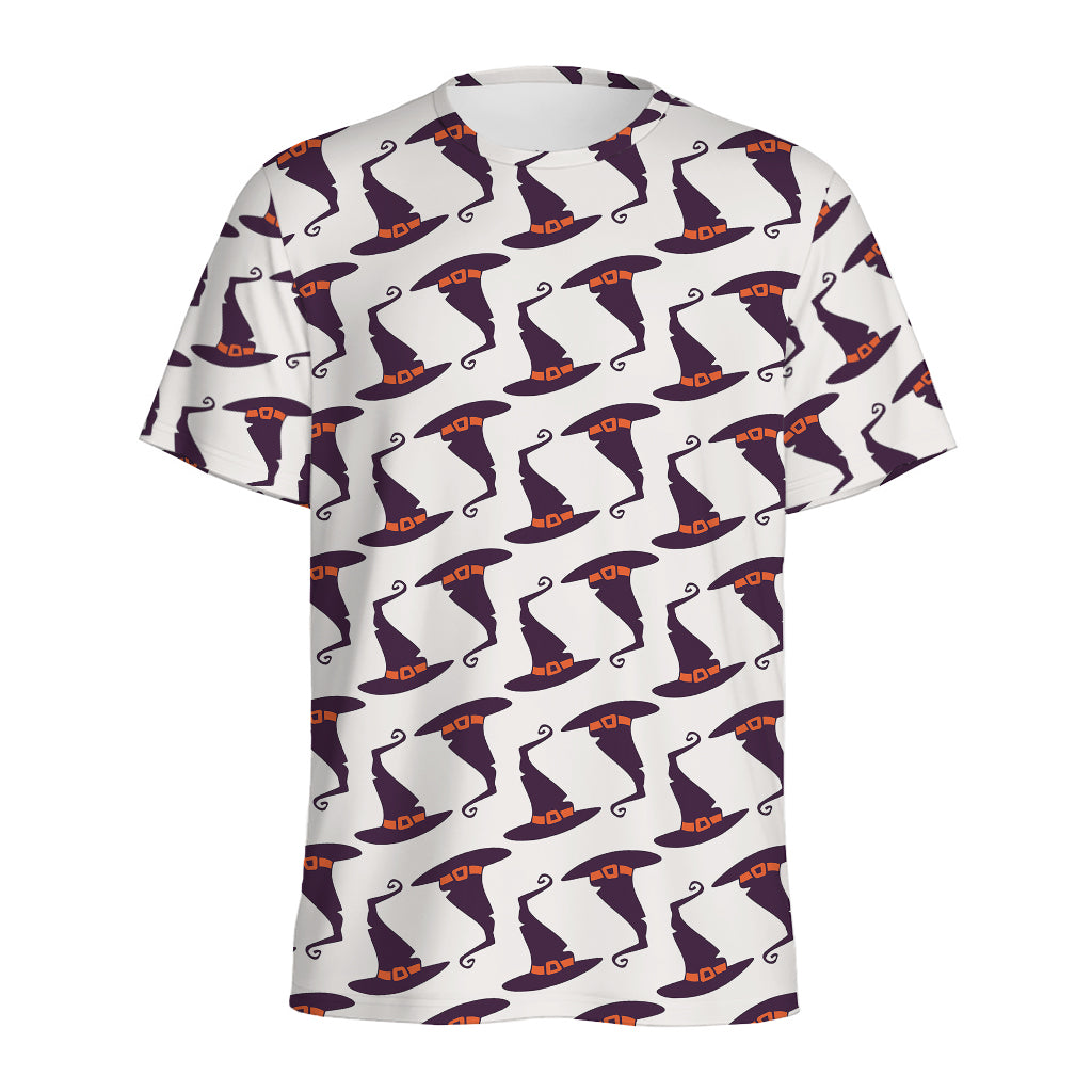 Purple Halloween Witch Hat Pattern Print Men's Sports T-Shirt