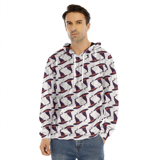 Purple Halloween Witch Hat Pattern Print Men's Velvet Pullover Hoodie