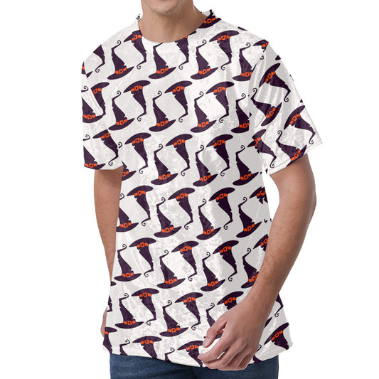 Purple Halloween Witch Hat Pattern Print Men's Velvet T-Shirt