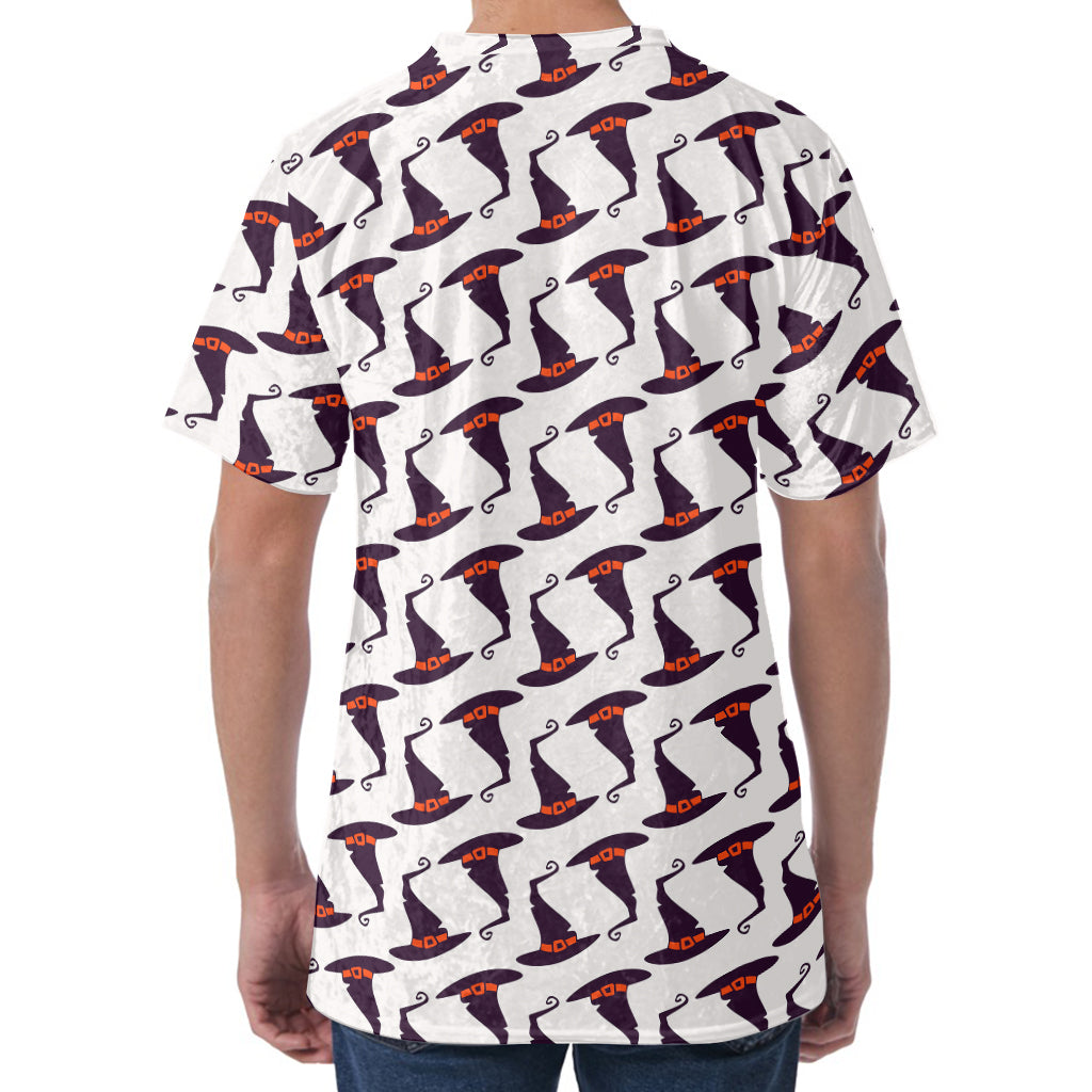 Purple Halloween Witch Hat Pattern Print Men's Velvet T-Shirt
