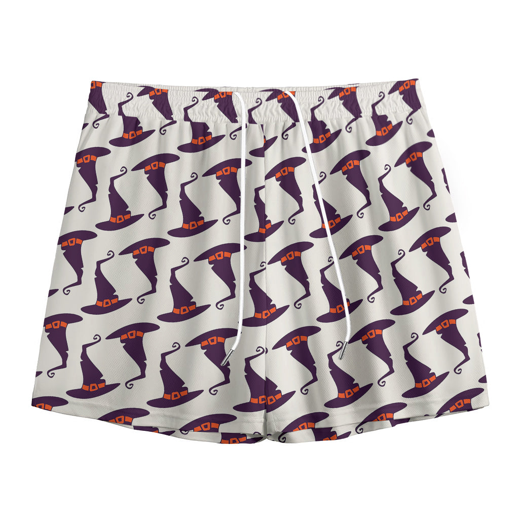 Purple Halloween Witch Hat Pattern Print Mesh Shorts