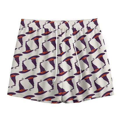 Purple Halloween Witch Hat Pattern Print Mesh Shorts