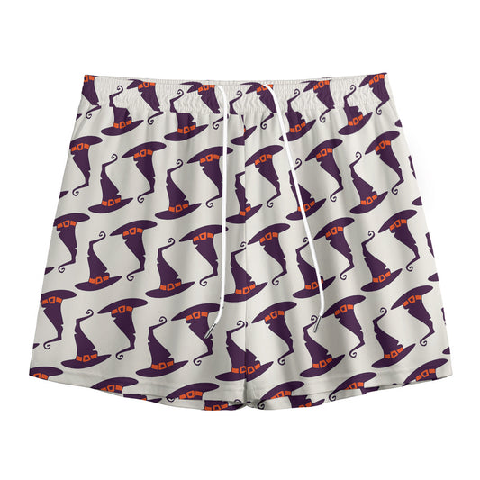 Purple Halloween Witch Hat Pattern Print Mesh Shorts