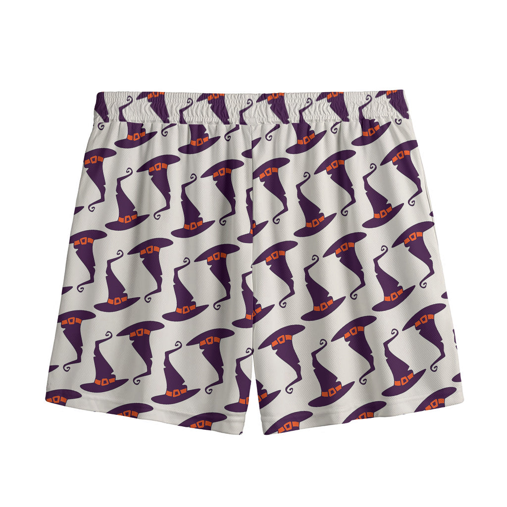 Purple Halloween Witch Hat Pattern Print Mesh Shorts