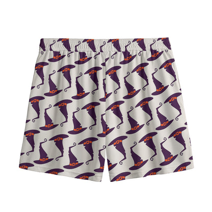 Purple Halloween Witch Hat Pattern Print Mesh Shorts