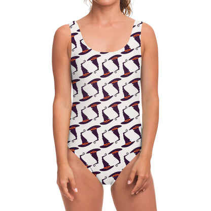 Purple Halloween Witch Hat Pattern Print One Piece Swimsuit