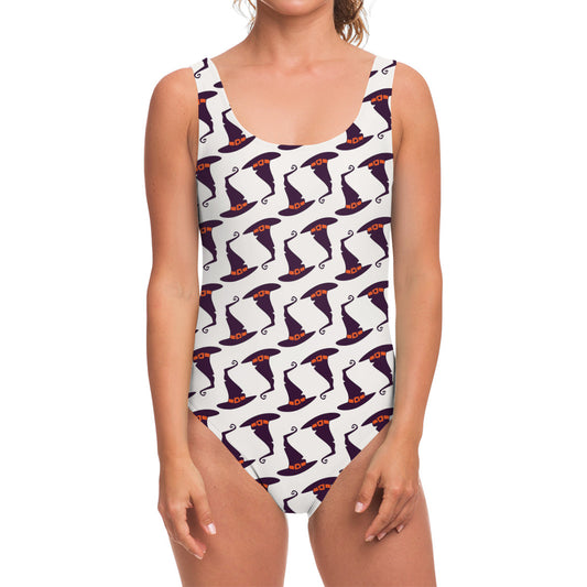 Purple Halloween Witch Hat Pattern Print One Piece Swimsuit