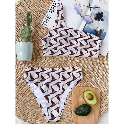 Purple Halloween Witch Hat Pattern Print One Shoulder Bikini Top
