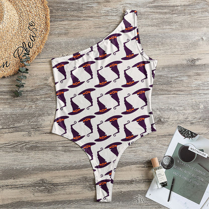 Purple Halloween Witch Hat Pattern Print One Shoulder Bodysuit