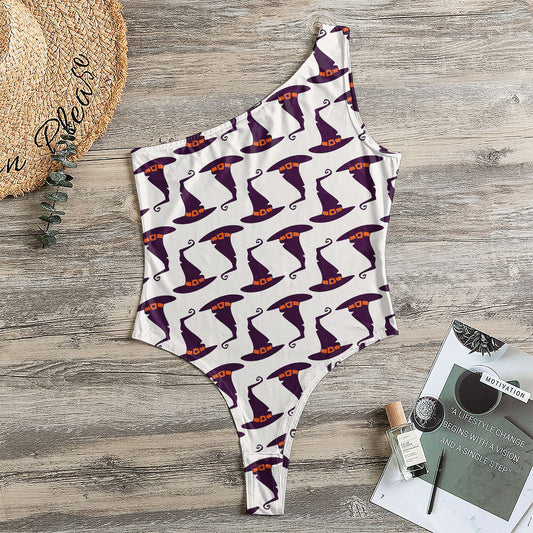 Purple Halloween Witch Hat Pattern Print One Shoulder Bodysuit