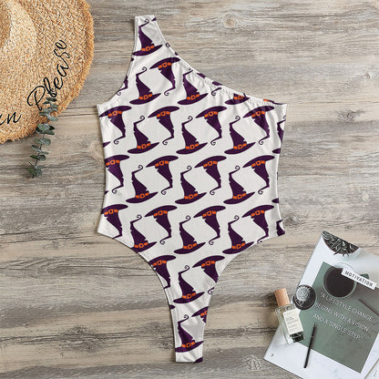 Purple Halloween Witch Hat Pattern Print One Shoulder Bodysuit