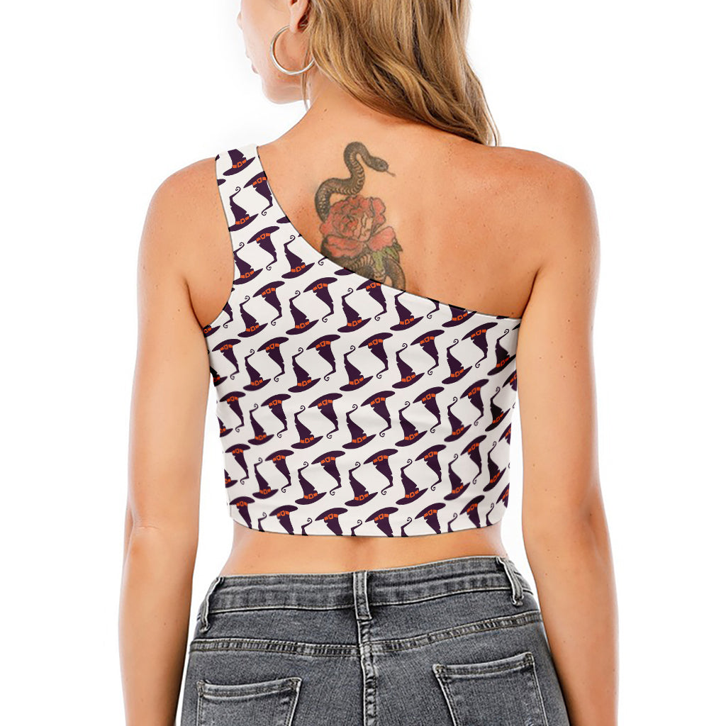 Purple Halloween Witch Hat Pattern Print One Shoulder Crop Top