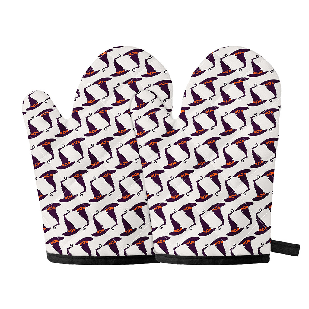 Purple Halloween Witch Hat Pattern Print Oven Mitts