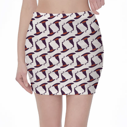 Purple Halloween Witch Hat Pattern Print Pencil Mini Skirt