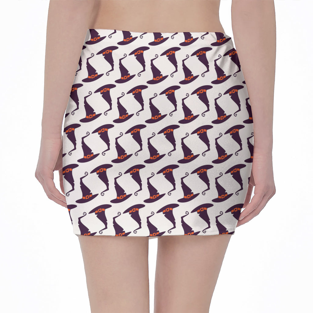 Purple Halloween Witch Hat Pattern Print Pencil Mini Skirt