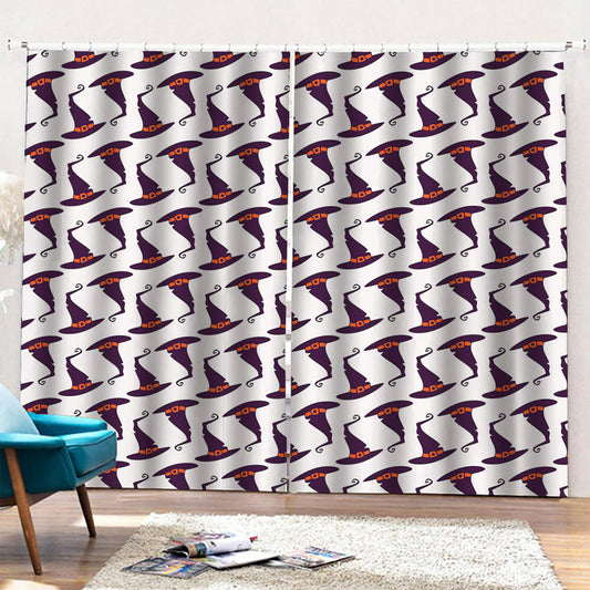 Purple Halloween Witch Hat Pattern Print Pencil Pleat Curtains