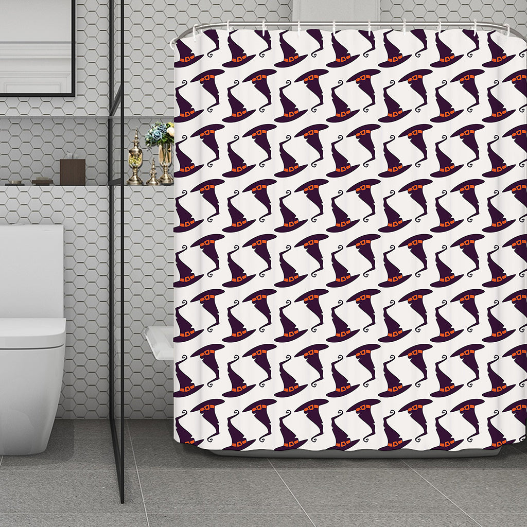 Purple Halloween Witch Hat Pattern Print Polyester Shower Curtain