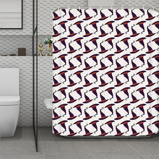 Purple Halloween Witch Hat Pattern Print Polyester Shower Curtain